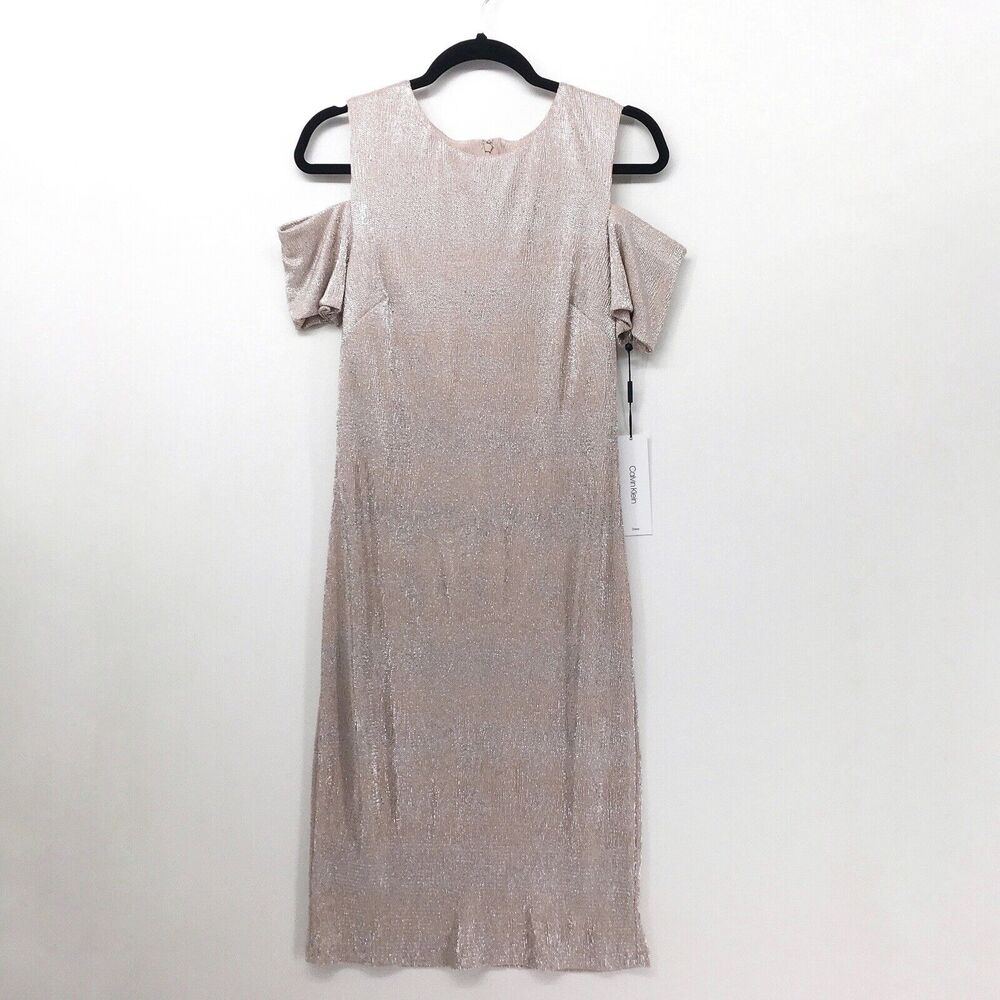 Calvin Klein Women 10 Dress Petal Rose Gold Cold Shoulder Metallic Bodycon NEW